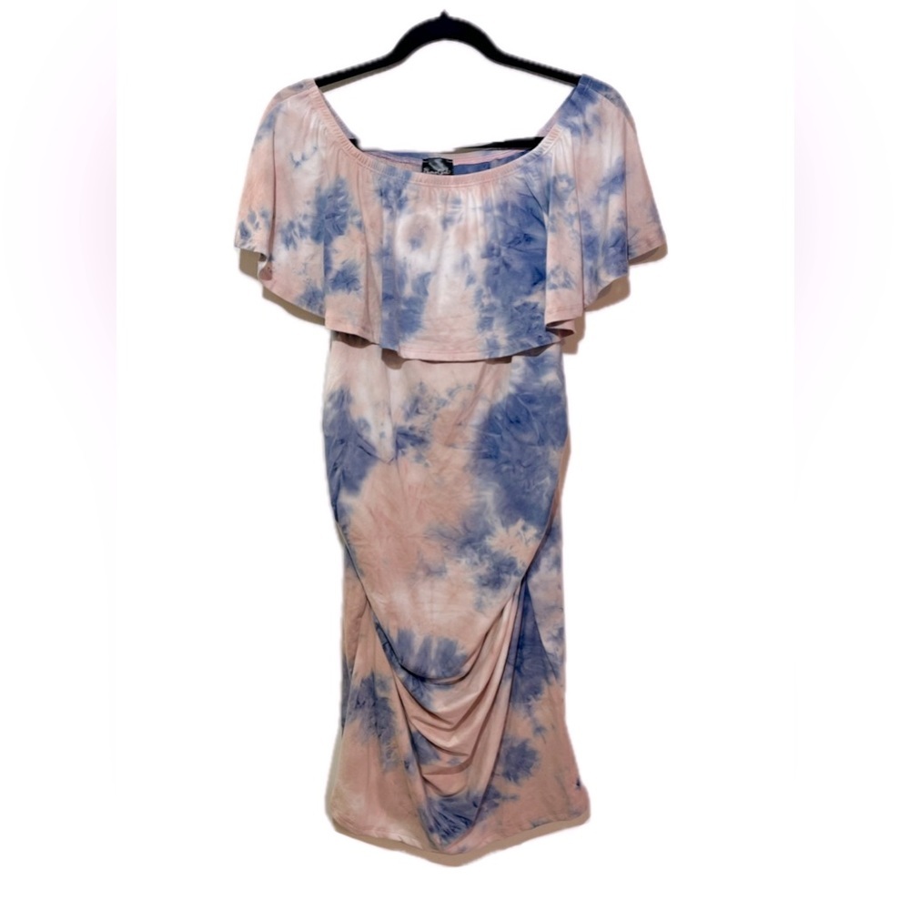 Bump Girls Maternity Womens sleeveless blue/pink Tie Dye bodycon dress, Size L